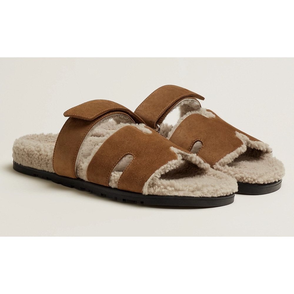 Hermes Chypre Sandal Mens Suede Shearling Fur H Logo Slide Slip On Flat 43 10